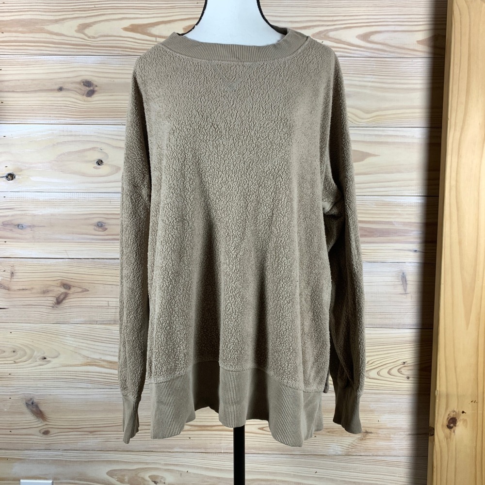 Aerie Sweatshirt Women Large Tan Chilled Out Bouclé Fleece Oversized Pullover